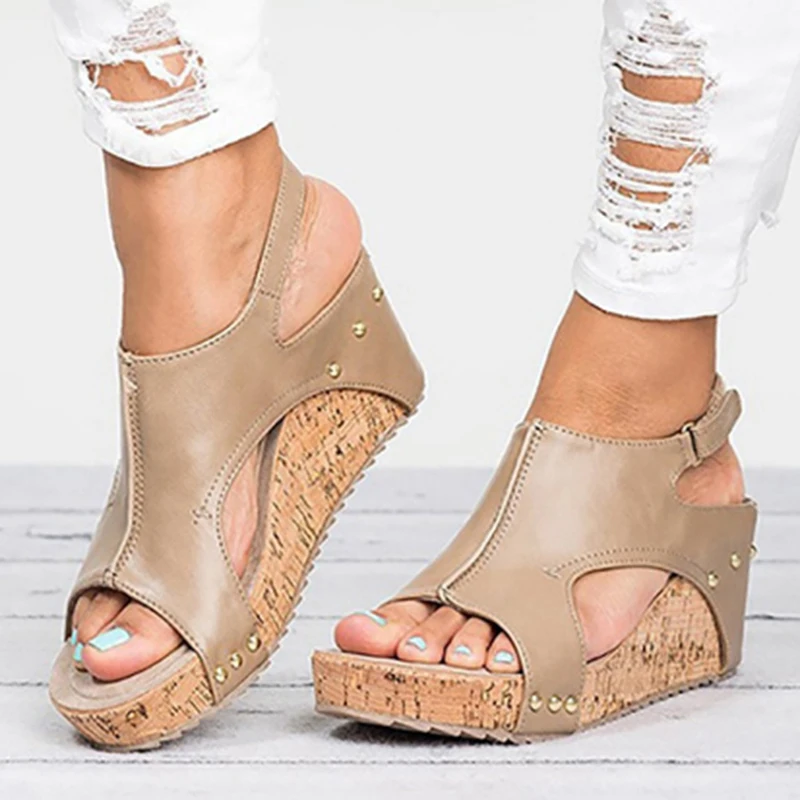 2020 Босоножки на платформе Туфли танкетке Sandalias Mujer Летняя обувь Кожаные