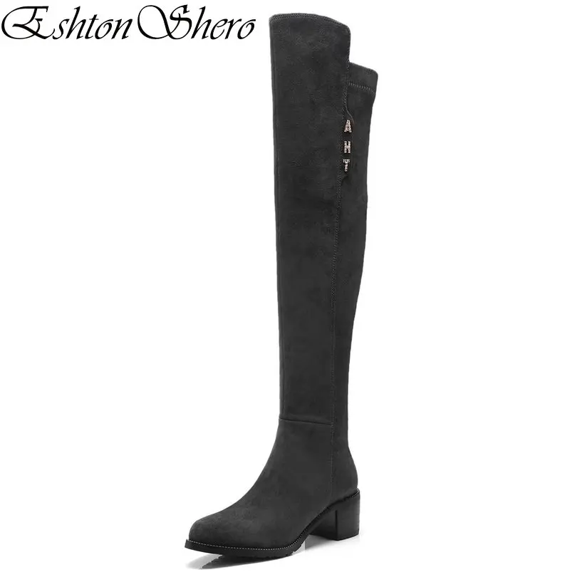

EshtonShero Shoes Woman Knee High Boots Flock Square Med Heels Women Round Toe Zipper Black Ladies Motorcycle Boot Size 34-39