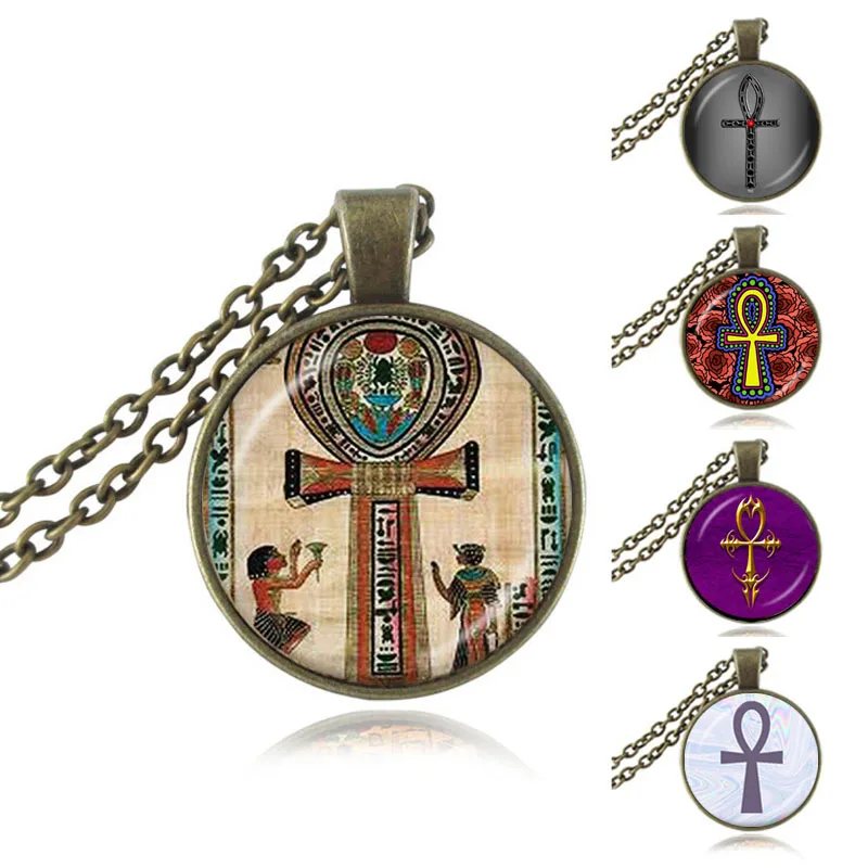 

Vintage Ancient Egyptian Ankh Necklace Faith Cross Pendant Bohemian Jewelry Glass Cabochon Silver Bronze Sweater Chain Necklace