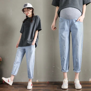 

259# Washed Stretch Denim Maternity Jeans Elastic Waist Belly Loose Pants Clothes for Pregnant Women 9/10 Pregnancy Trousers