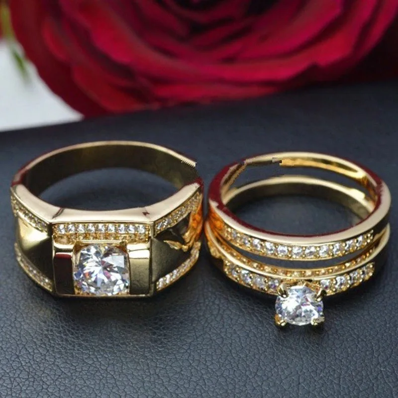 Fashion Jewelry Gold Eternity Ring Cubic Zirconia Couple Wedding Engagement Rings Pair For Lovers Men/Women