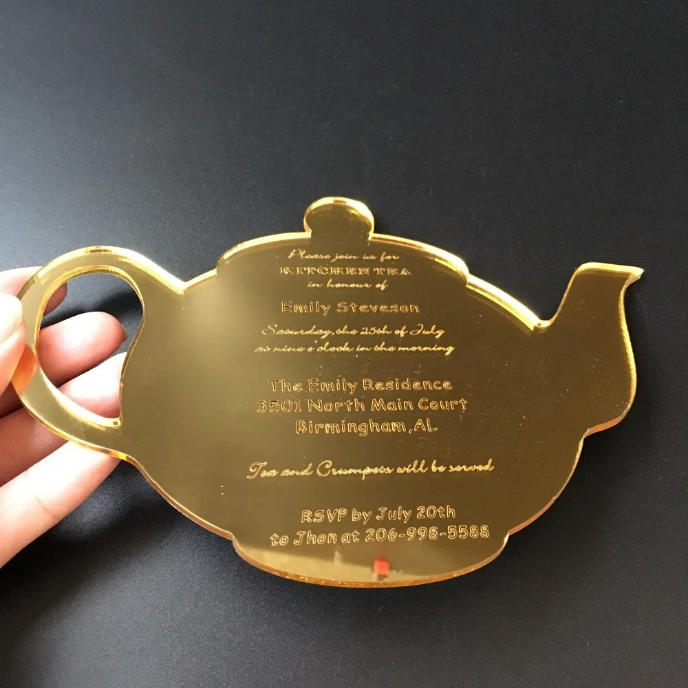  30Pieces Per Lot Funny Tea Pot Shape Wedding Kitchen Tea Golden Mirror Acrylic Invitation Cards SHI - 32872195064