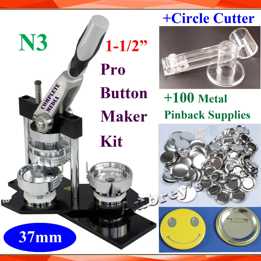 

Pro N3 NEW 1-1/2" 37mm Badge Button Maker Machine + Adjustable Circle Cutter+100 Sets Metal Pinback Supply