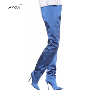 

Europe and the United States new satin fashion ladies sexy knee boots pointed fine with the show nightclub women's boots size