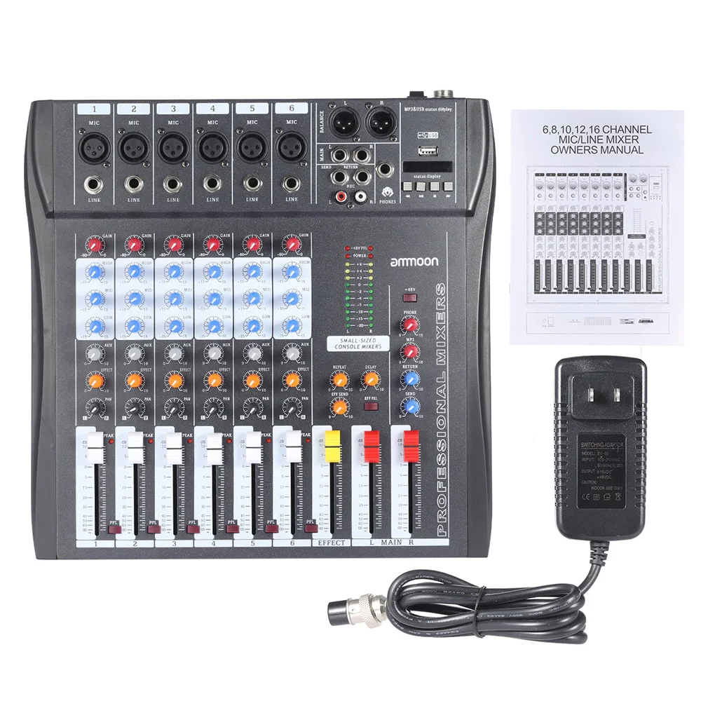 Микшерная консоль ammoon 60 USB 6 каналов микрофон аудио микшер 3 полосный EQ XLR вход 48 В