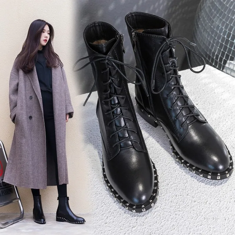 

2018 autumn and winter new European and American leather Martin boots women's booties rivet thick with leather boots round head