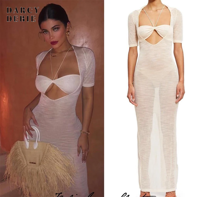 

2019 Summer See Through Split Sexy Long Dress Women Hollow Out Bodycon Beach Maxi Dress White Skinny Casual Club Party Dresses