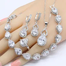 White Cubic Zircnoia 925 Sterling Silver Bridal Jewelry Sets For Women Bracelet Earrings Necklace Pendant Rings Gift Box