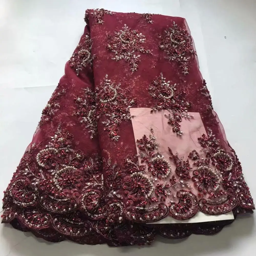 

Fashion 2019 Beaded Handmade Lace High Quality French Tulle Mesh Lace with Beads Nigerian Net Lace for Wedding Party