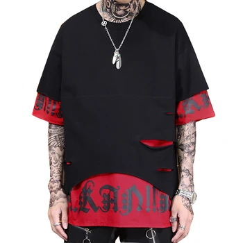 

Korean Harajuku Ulzzang Printed Street Men Tshirt Patchwork Fake Two Pieces Shirt Men Skull Printed Hole Punk Couple t Shirts