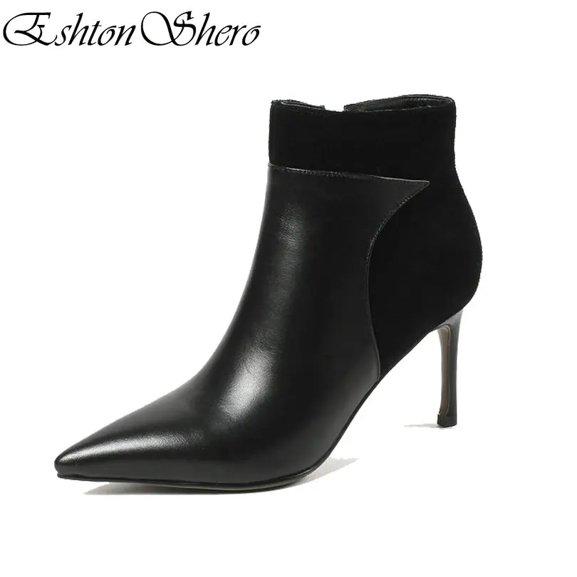 

EshtonShero Shoes Woman Ankle Boots Work Genuine Leather+Flock Thin High Heel Pointed Toe Ladies Motorcycle Boots Size 34-43
