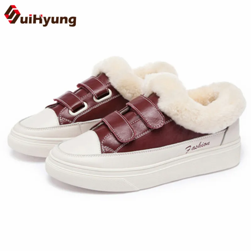 

Suihyung Genuine Leather Women Shoes Ankle Boots Winter Warm Cashmere Insole Flat Shoes Solid Real Leather Woman Casual Slip-on