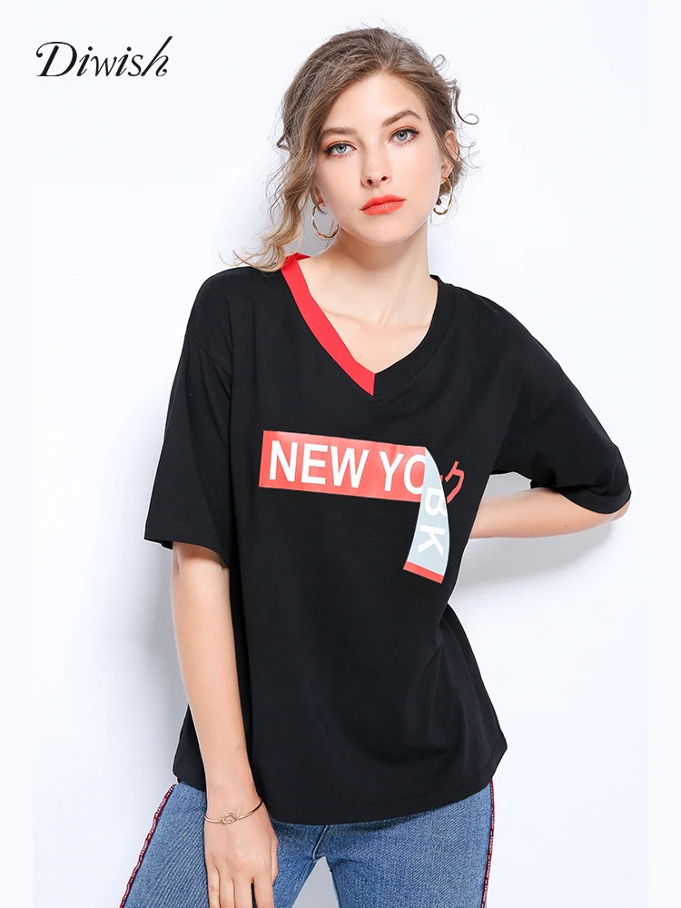 Diwish Harajuku футболка Летняя женская с буквенным принтом короткий рукав черная Топы
