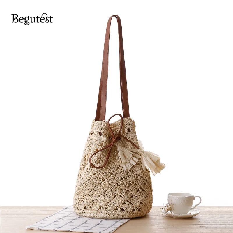 Begutest Shoulder Straw Cotton Linen Bag Tassel Bucket Beach Bags Women