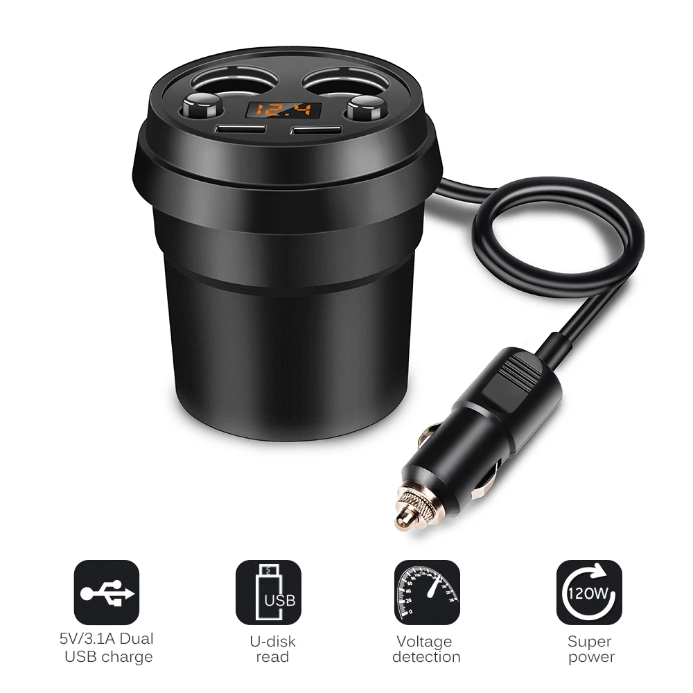 

Best Car Fast Charger Cup Holder Dual Cigarette Lighter Sockets Power Adapter with Dual USB Ports Independent Switch for Mobile