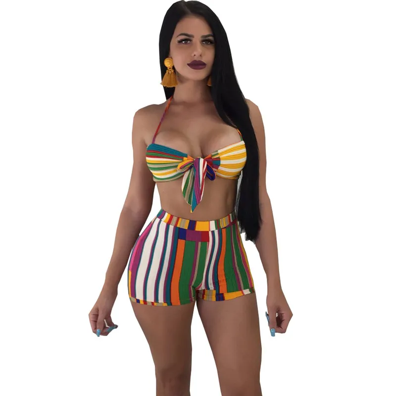 

2018 Summer Beach Two Piece Set Women Halter Crop Top and Shorts Set Boho Striped Sexy 2 Piece Set Women Beachwear Matching Sets