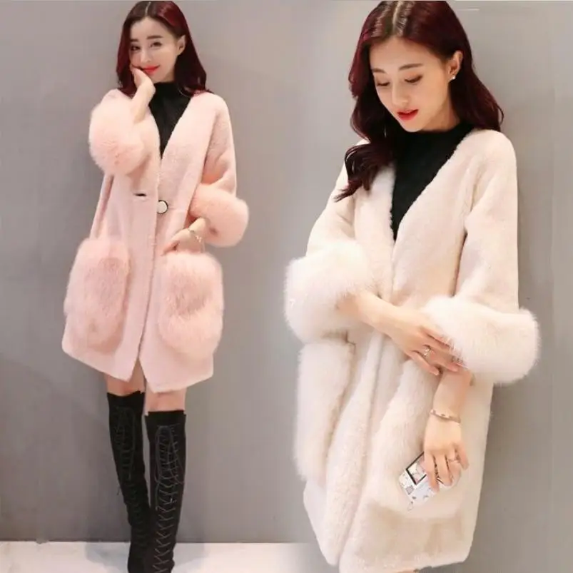 Veste Hiver De Faux L1516 Cachemire white Renard Manteau Outwear Laine red Fourrure Casual Parkas Femmes Patchwork Imitation Creamy gBnnx5