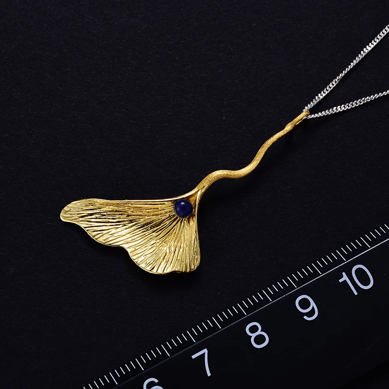 Lotus Fun Real 925 Sterling Silver Natural Lapis Handmade Fine Jewelry Ginkgo Leaf Pendant without Chain Acessorios for Women