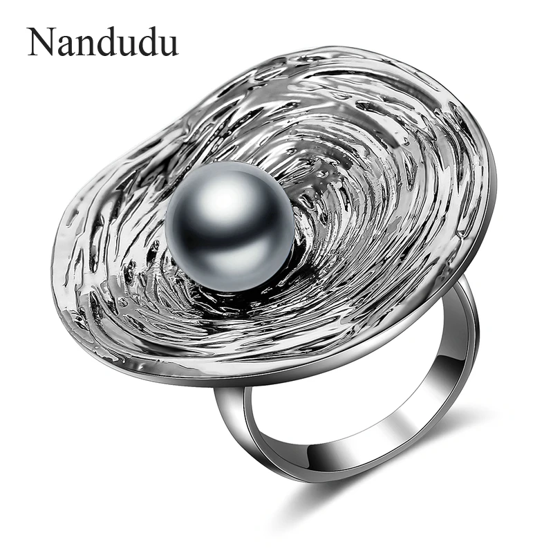Nandudu, большое круглое кольцо для женщин, Ретро стиль, серебряный цвет, с черным жемчугом, украшение, кольцо, серьги, ювелирные наборы для женщин, подарок для девочки