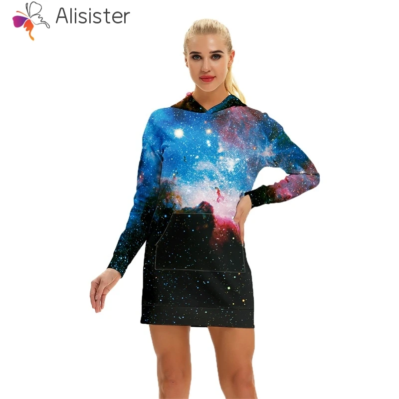 

Fashion Autumn Women Causal Hoodies Sweatshirt Dress Starry Night Galaxy Print 3D Hooded Hoodie Dress Girls Homme Casual Tops