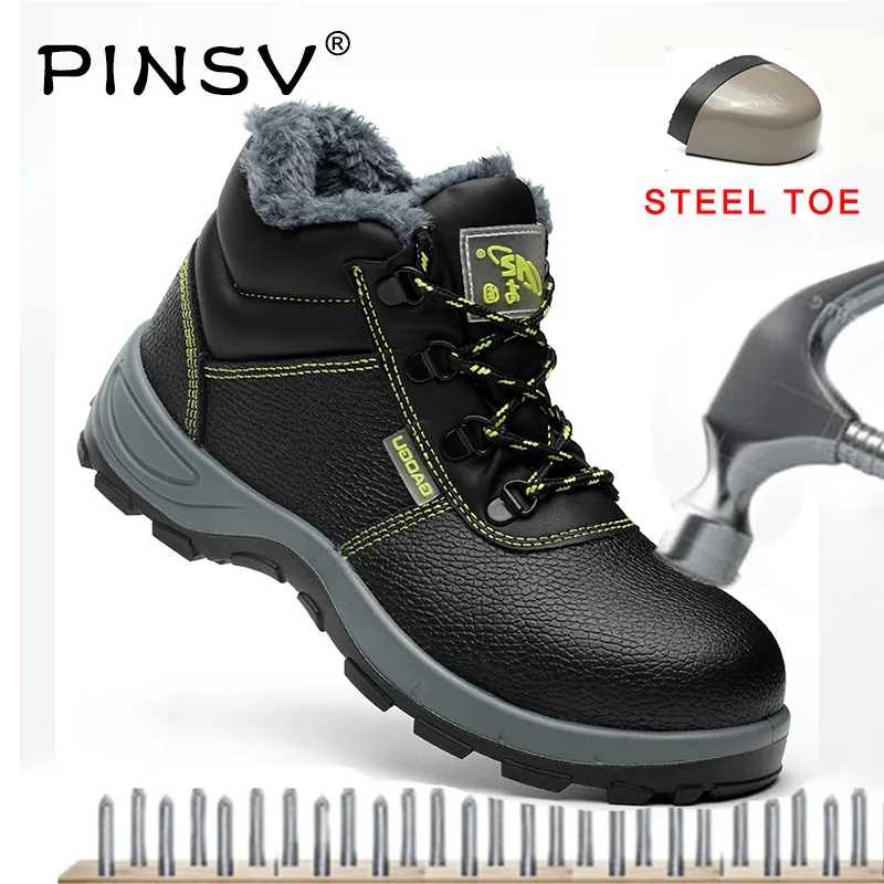 

PINSV Unisex Steel Toe Safety Boots Men Safety Shoes Leather Work Boots Men Shoes Black Ankle Work Boots Plus Size 35-47