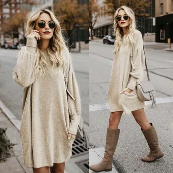 

Fashion Women Solid O-Neck Pocket Long Sweater Long Sleeve Casual Loose Pullover Z10