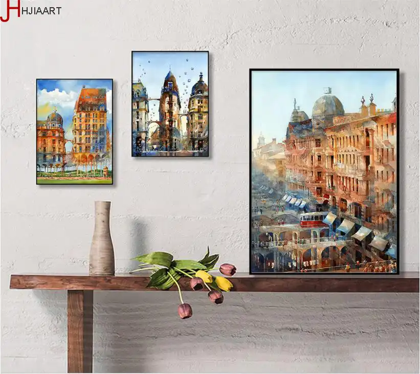 Nordic Watercolor Vintage Building Decor Painting On Canvas
