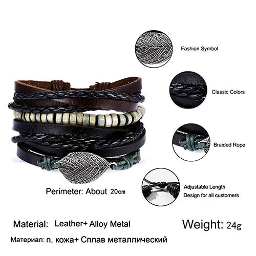 Men Vintage Leaf Feather Multilayer Leather Bracelet Fashion Handmade Braided Rope Wrap Bracelets & Bangles Male Gift