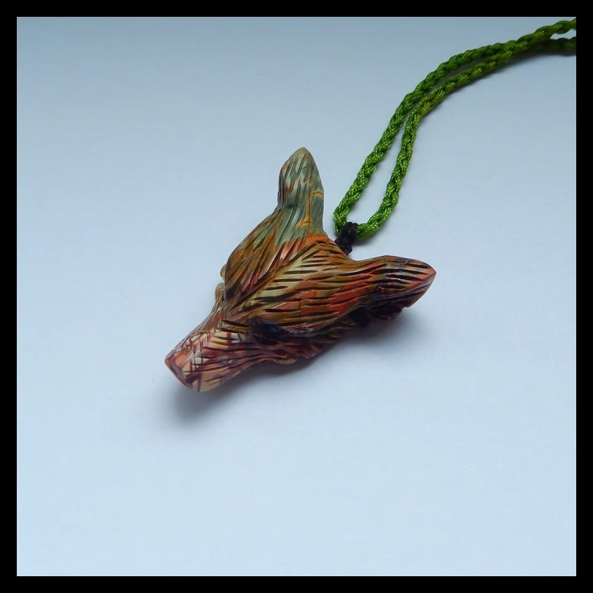Natural Stone Multi-Color Picasso Jasper Carved Wolf Head Fashion Jewelry Pendant 49x36x14mm 22g