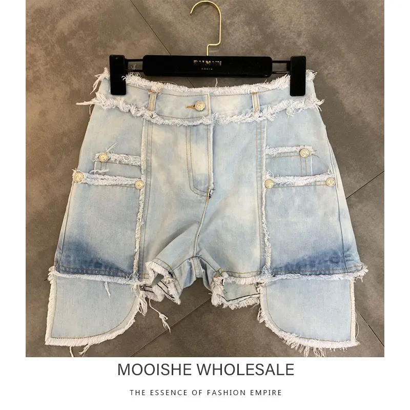 

2019 Summer New Raw Edge Irregular Pants Side Pockets Decorated Washed Denim Shorts