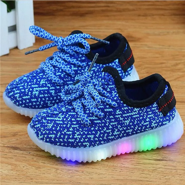 Размер 21-30, детский светодиодный обувь, качественные модные кроссовки с бантом из искусственной кожи для мальчиков и девочек, повседневная светящаяся детская обувь - Цвет: blue 1