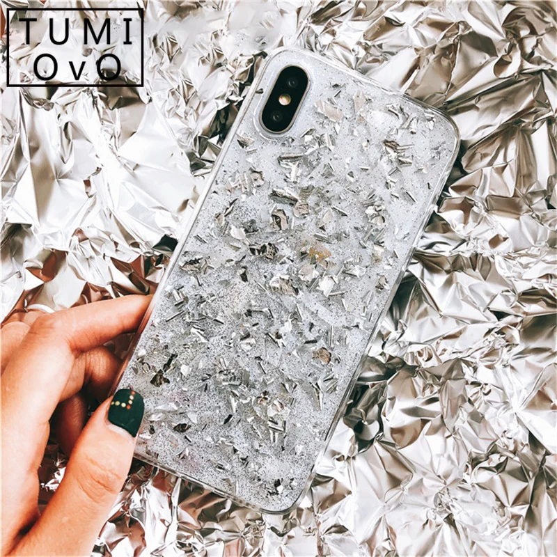 

For iPhone X Xr Xs Max Gold Foil Bling Sequin Skin Clear Soft Silicone Cover Case For iPhone 5 5S 6 7 8 Plus Ultra Slim Rubber