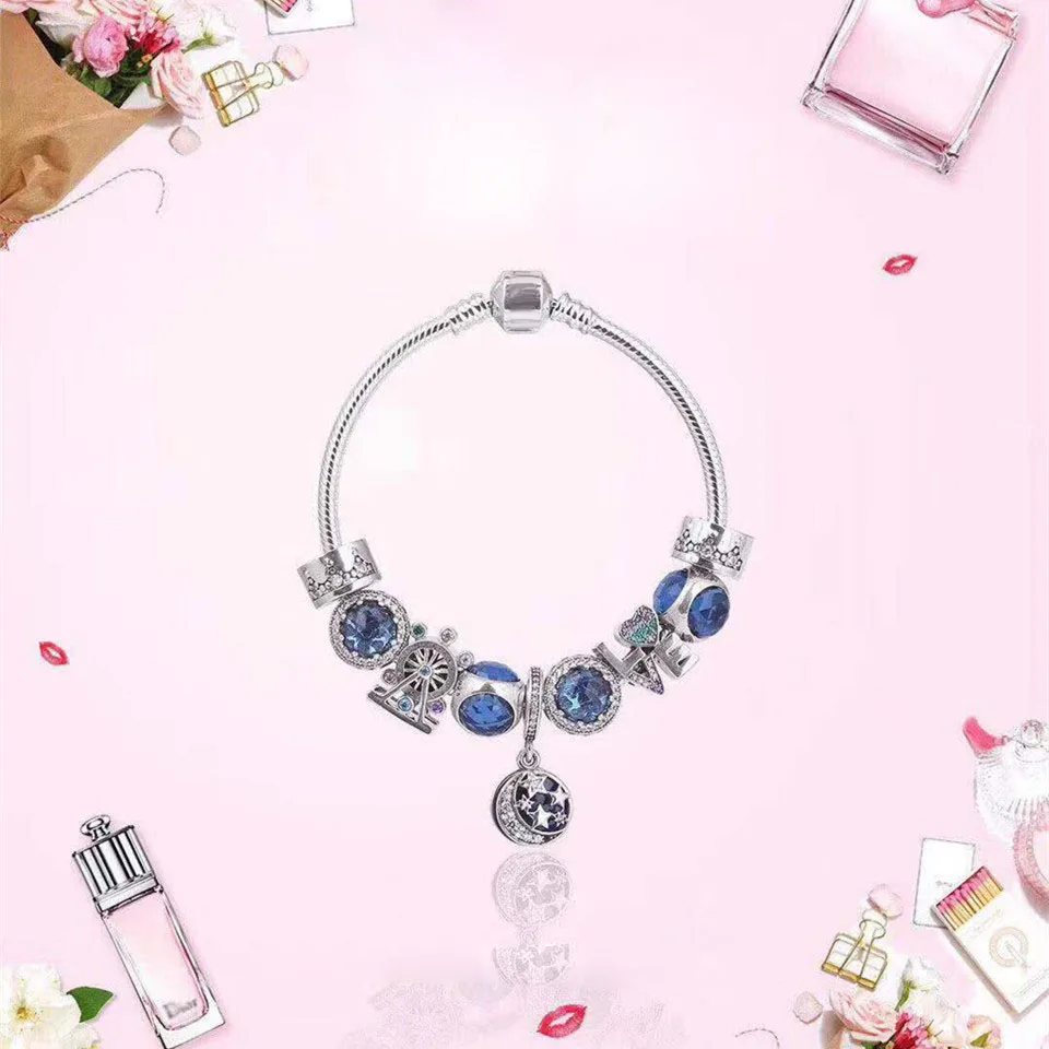 

WinTion PAN Sterling silver 100% Ferris wheel Blue series LOVE finished snake bone chain Men and women style Christmas