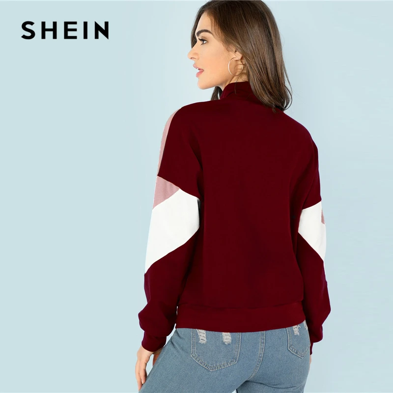 SHEIN متعدد الألوان عارضة Colorblock O-حلقة البريدي الجبهة قص وخياطة الوقوف طوق البلوز 2018 الخريف حرم النساء بلوزات