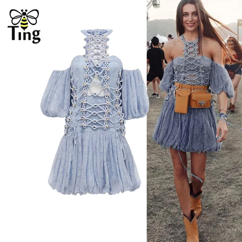 

Tingfly Summer Desiner Runway Mini Dress Blue Print Sexy Cut out Off Shoulder Short Bud Dress Party Dresses Button Casual Vestid