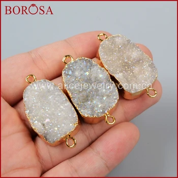 

BOROSA 10PCS Natural Titanium Druzy Connector Gold Color Double Bails Freeform Geode Crystal Drusy Connector Jewelry G0063
