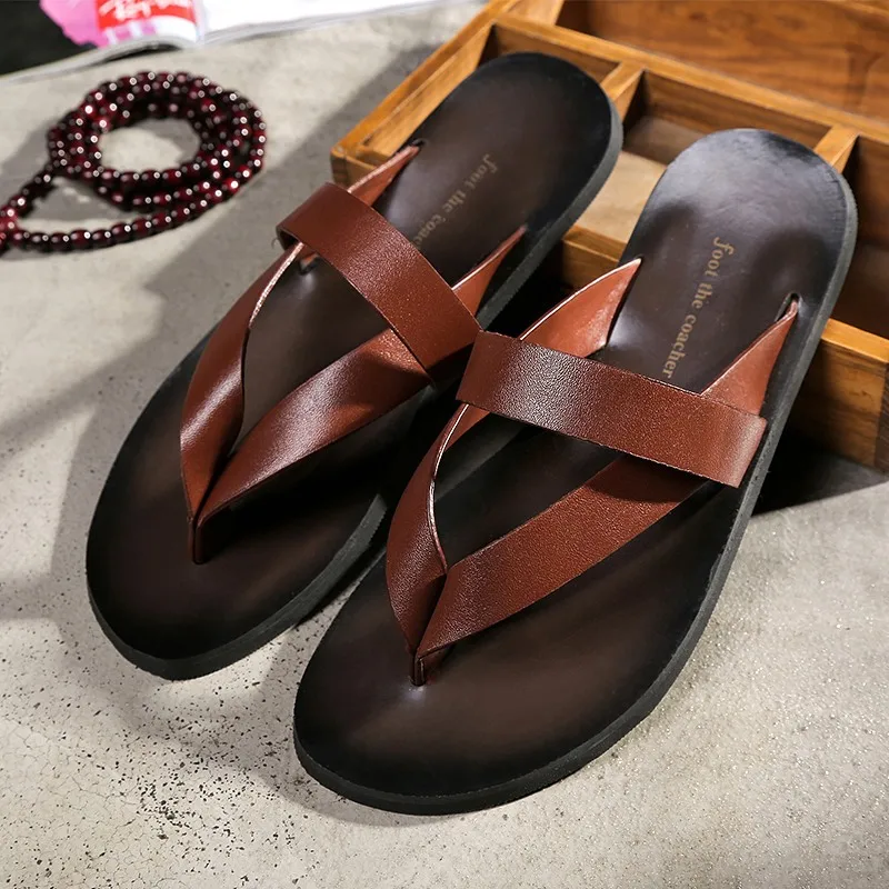 

Flat With Beach Fashion Outside Men's Slippers Leisure Concise Genuine Leather Summer Flip Flops Sewing Solid Men Shoes