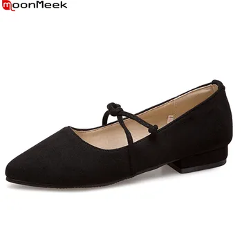 

MoonMeek spring summer new prevail pointed toe pumps women shoes shallow slip on flock square low heels ladies shoes