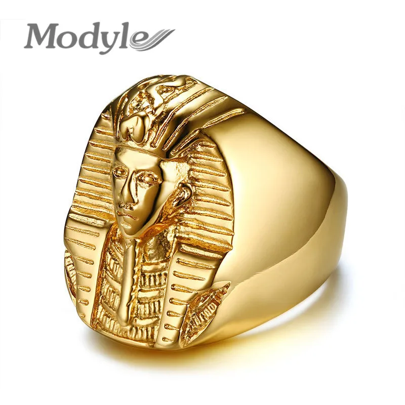 

Modyle Gold Color Mysterious Egyptian Pharaoh Rings Rock Titanium Stainless Steel Mens Signet Bling Ring for Men Jewelry