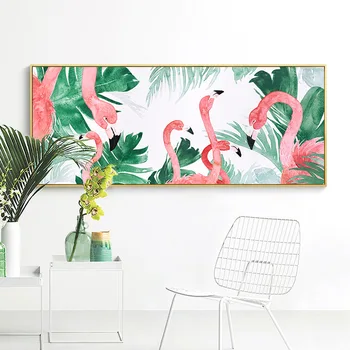 

HAOCHU Abstract Pink Flamingo Birds Canvas Art Poster Green Leaves Landscape Long Wall Picture Living Room Sofa Background Mural