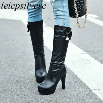 

Women Boots Autumn Winter Super High Heel Platform Pu Round Toe Slip on Knee-High Motorcycle Boots Pearl 2018 New Fashion Black