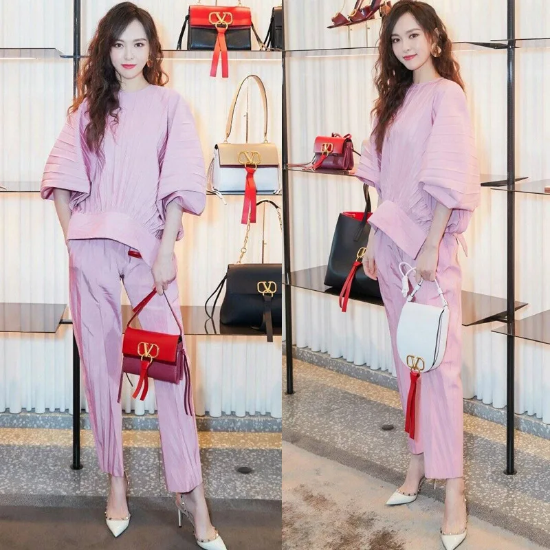 

New Star Tang The Same Style The Loose The Pleated Top The Nine-point Pants Casual Fashion Suit The Tide 2019 Women 2 Piece Set