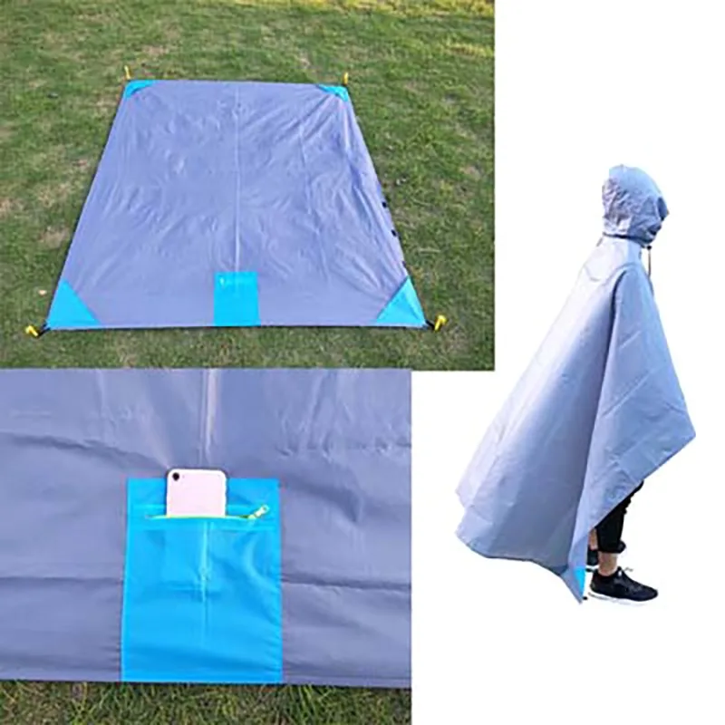 

3-in1 Poncho+ canopy+ picnic mat Portable Ultra-thin Folding Camping awning Pocket Waterproof Blanket Outdoor Picnic Mat Sand