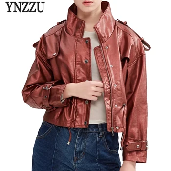 

YNZZU 2018 Autumn Women Leather Jacket Solid Light Pink PU Casual Long Sleeve Zipper Coat Jacket Women casaco feminino YO546