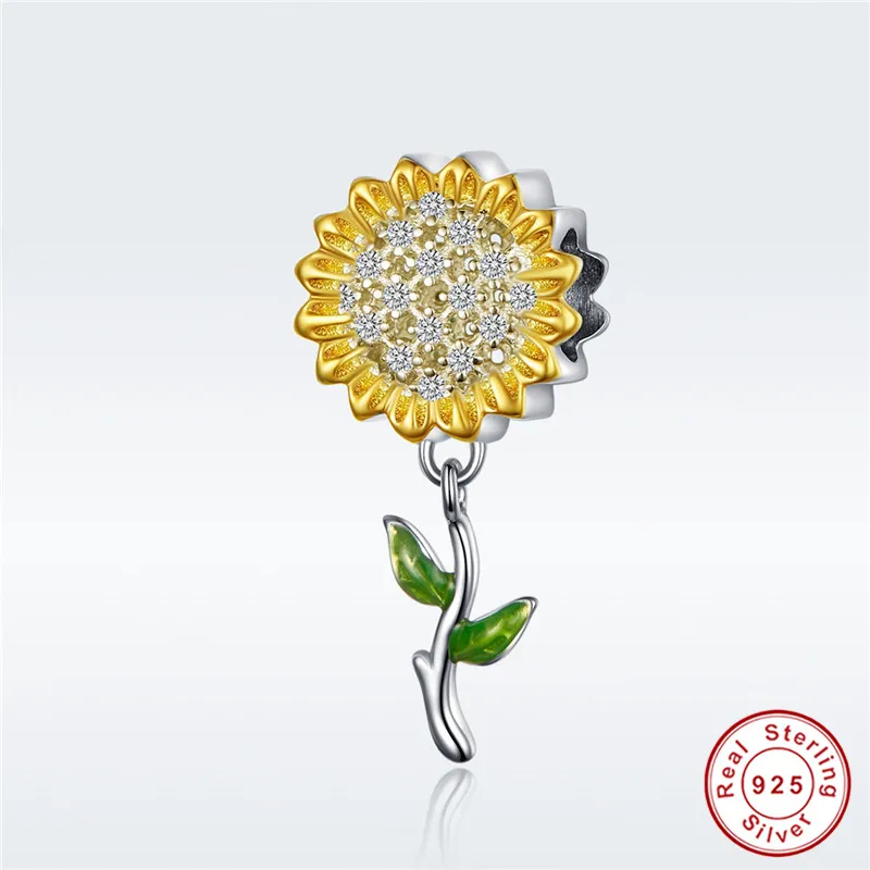 

fit Pandora Bracelet Original 925 Sterling Silver Princess Sunflower Charms S925 Yellow Beach Flower Leaf Beads for Necklace DIY