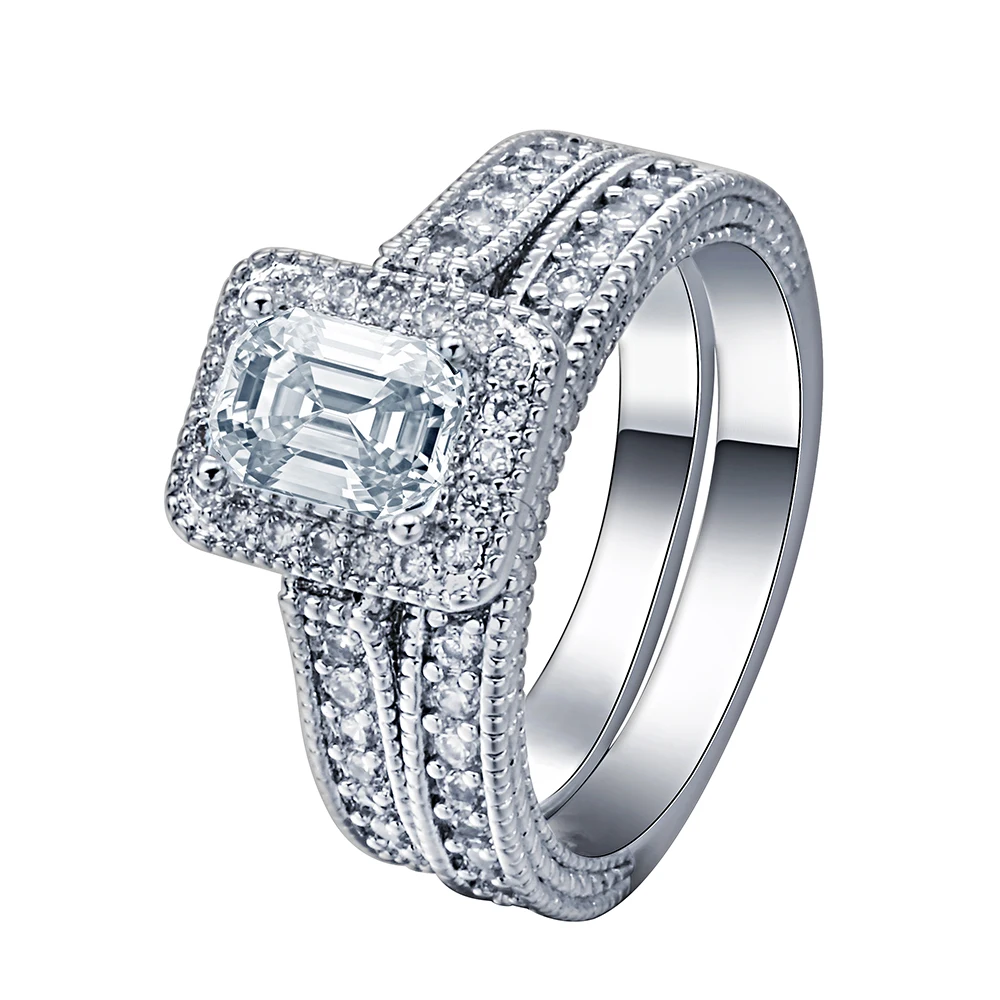 silver plated engagement Ring sets paved Cubic Zircon zirconia