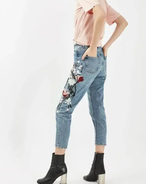 floral embroidered mom jeans
