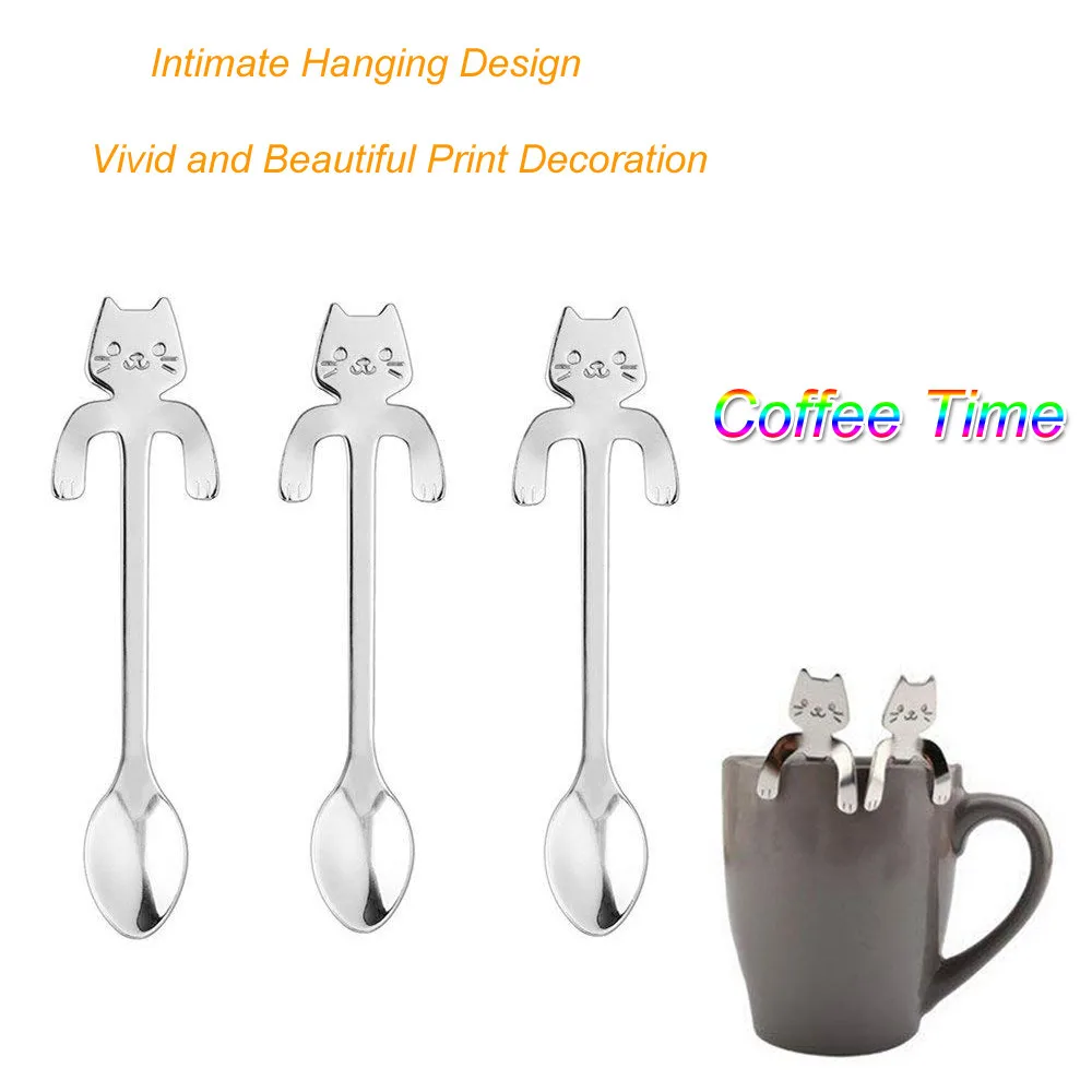 10pcs Lovely Cat Stainless Steel Hanging Spoons Dessert Spoons Tea