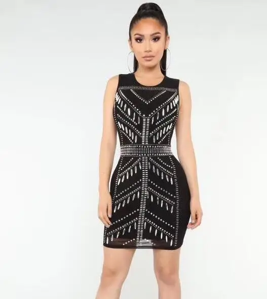 Fête Femmes Lacée Tenue Tricoté Top Clouté De Qualité Robe Noir Sexy 2019 Élastique wqI7qYa