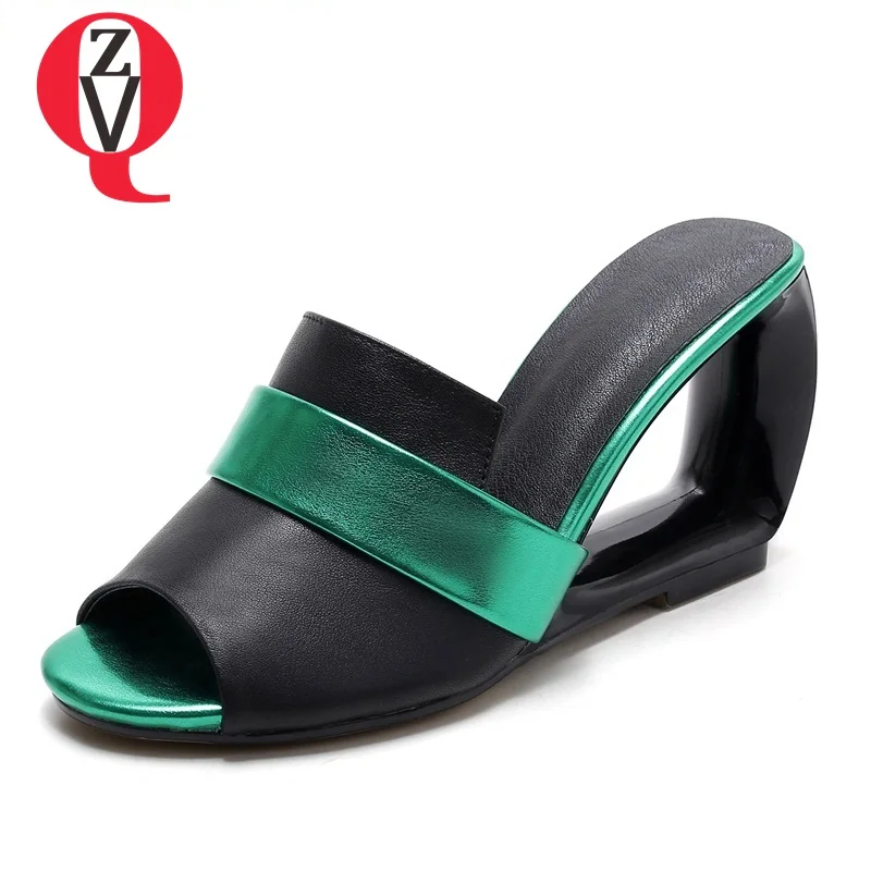 

ZVQ women slippers new mixed colors genuine leather fish mouth super high strange style outside fashion lady mules shoes